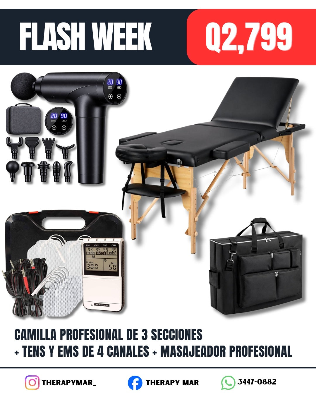 Camilla profesional de 3 secciones + pistola profesional + tens y ems de 4 canales (Twin stim plus)