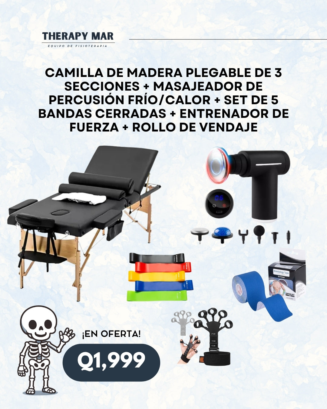 Camilla plegable de 3 secciones + masajeador de percusión frío/calor + set de 5 bandas cerradas + entrenador de fuerza + rollo de vendaje