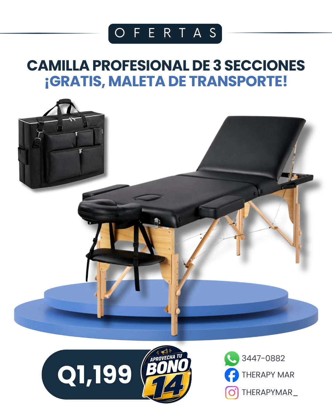 Camilla profesional, plegable de 3 secciones