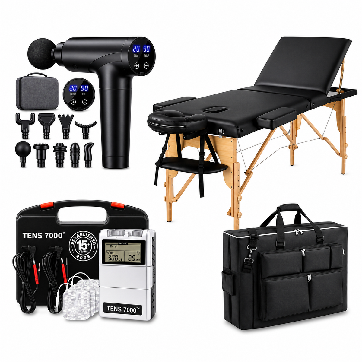 Camilla profesional de 3 secciones + electroestimulador + pistola profesional