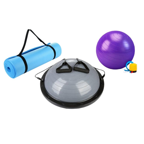 Bosu 60 cms + bandas laterales + alfombra premium + pelota bobath 65 cms (incluye inflador)