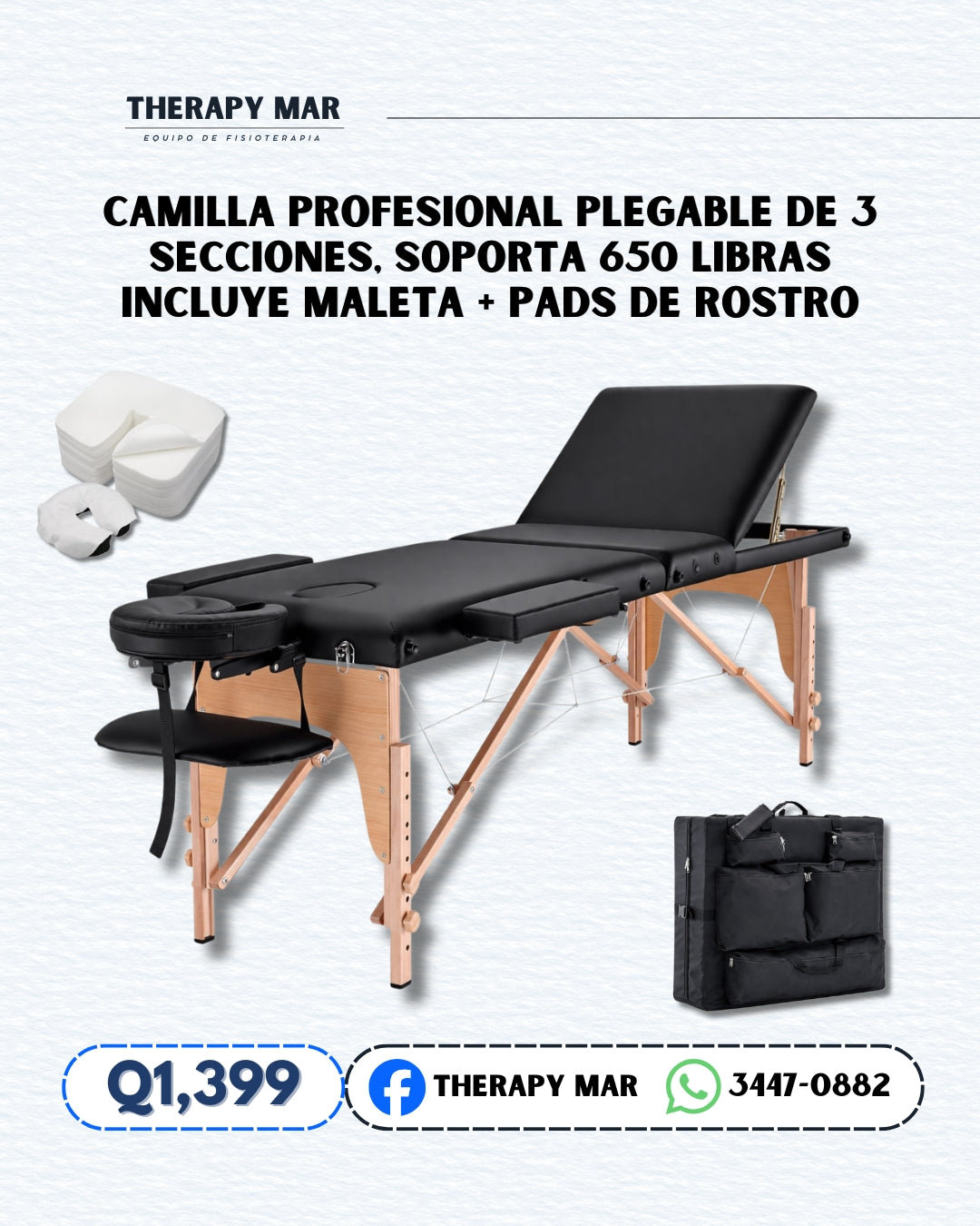 Camilla profesional, plegable de 3 secciones