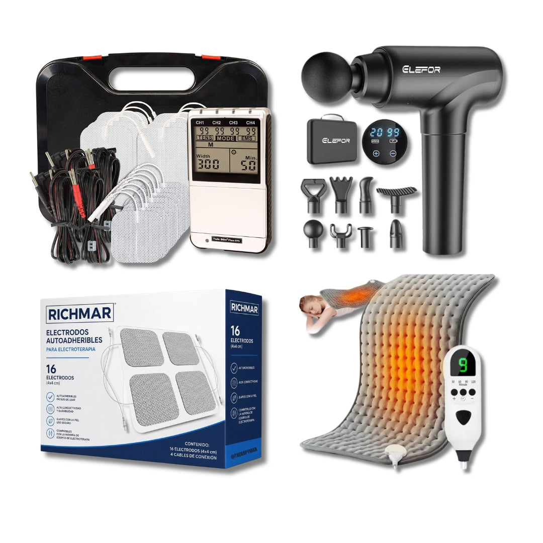 Twin stim plus + masajeador de percusión pro + caja de 16 electrodos + manta térmica king size