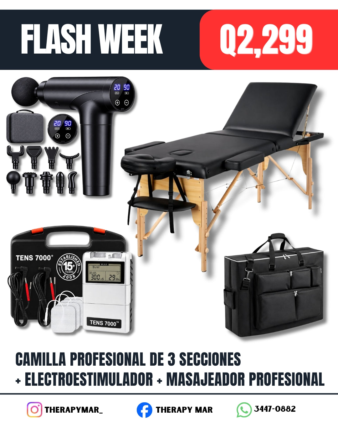 Camilla profesional de 3 secciones + electroestimulador + pistola profesional