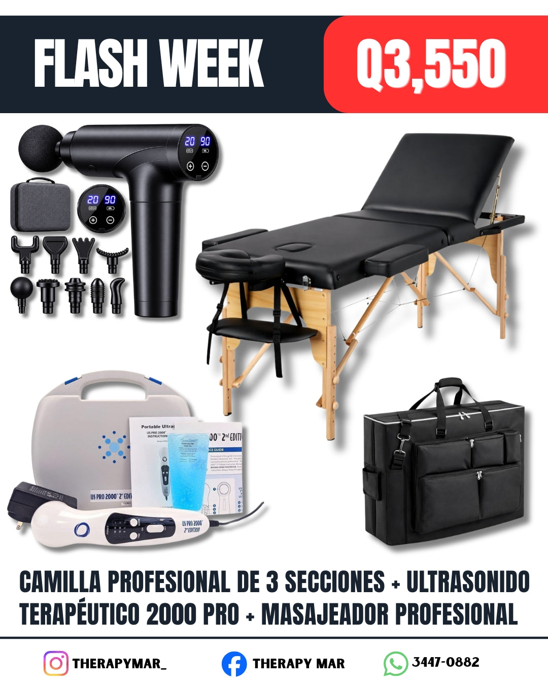 Camilla profesional de 3 segmentos + pistola profesional + ultrasonido 2000 pro